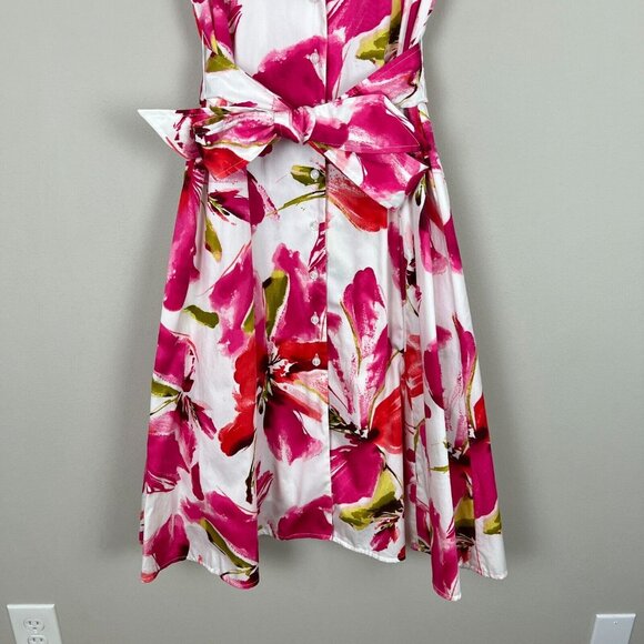 Jones New York Dress Womens 10 Pink Floral Ruffle Collar Belted Button Up A-Line - Picture 6 of 12